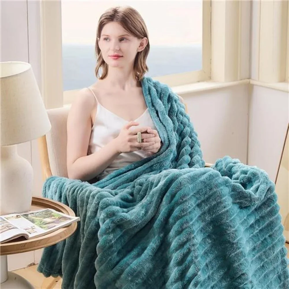Super Soft Throw Blanket Light Teal Ribbed Premium Silky Flannel Fleece 50